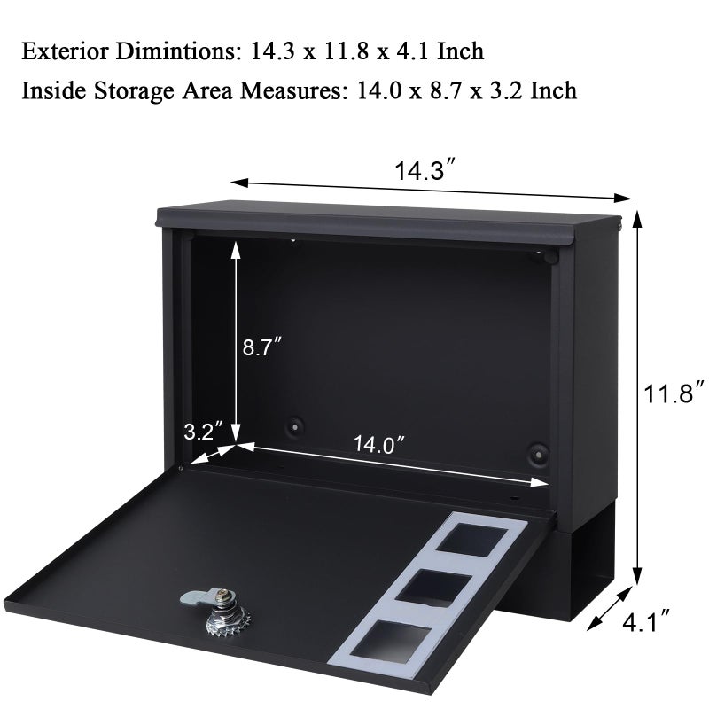 Jssmst Locking Mailbox Wall Mount for Outsideâ€“ Jssmst Mailboxes with Key Lock for Front Door Fence, Large Capacity Letter Box, 14.3 x 4.1 x 11.8 Inch, Black, SM-HPB911BN - Image 2